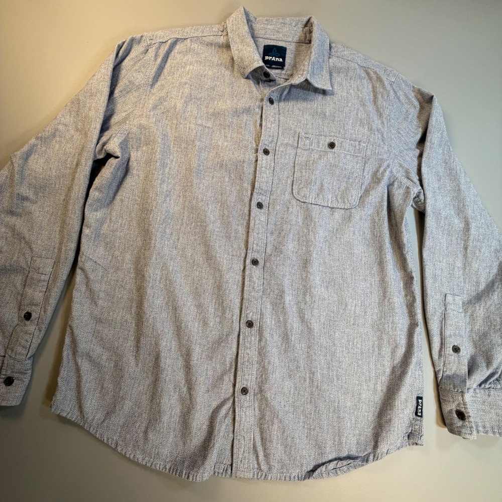 prAna Organic Cotton Button Up Shirt Mens Large Gray Textured Casual Outdoor